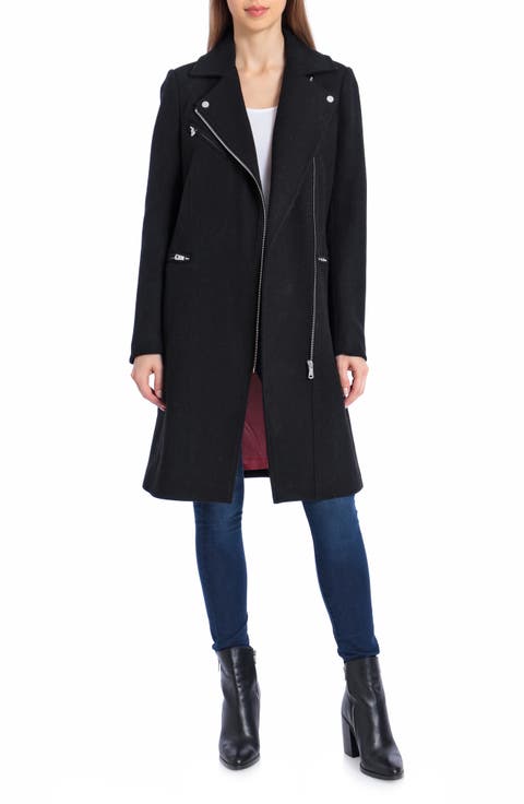 Moto Detail Wool Blend Twill Coat