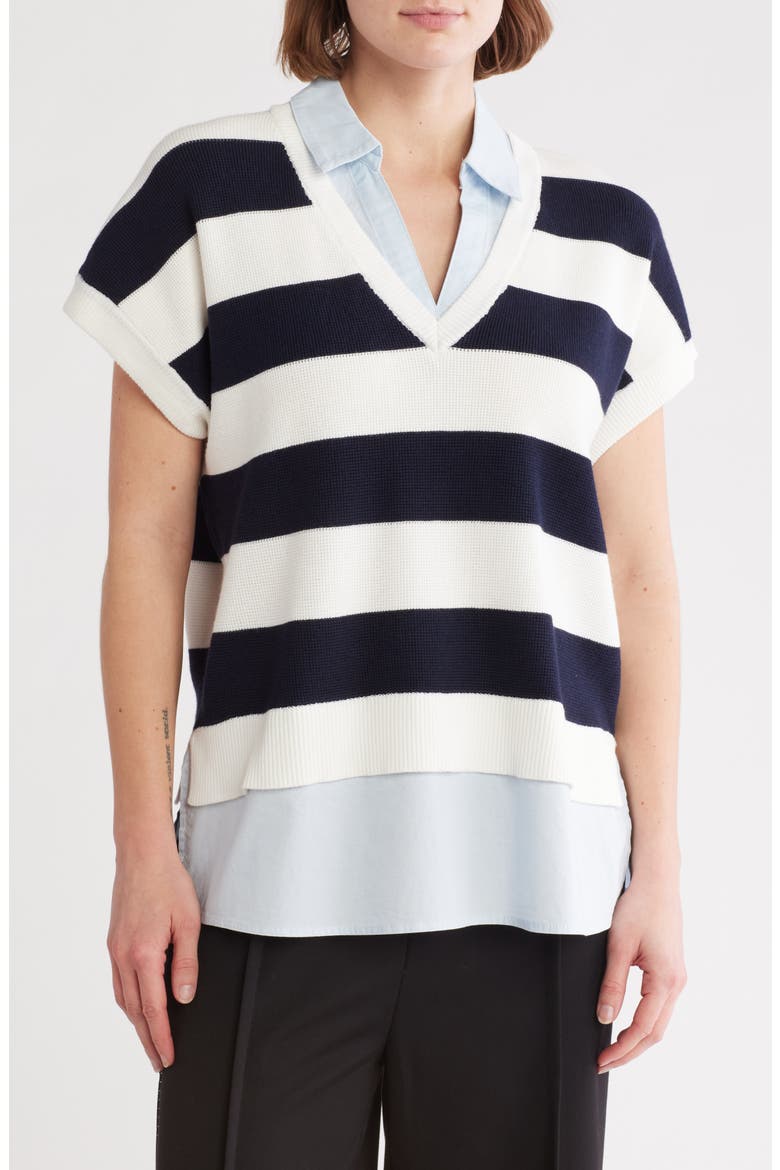 Short Sleeve Stripe Mixed Media Sweater, Main, color, CHAMBRAY W/ NAVY/ IVORY