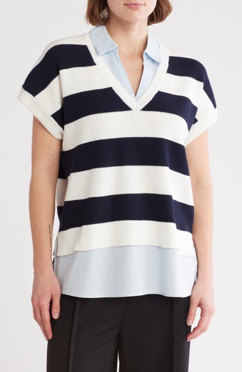 Short Sleeve Stripe Mixed Media Sweater