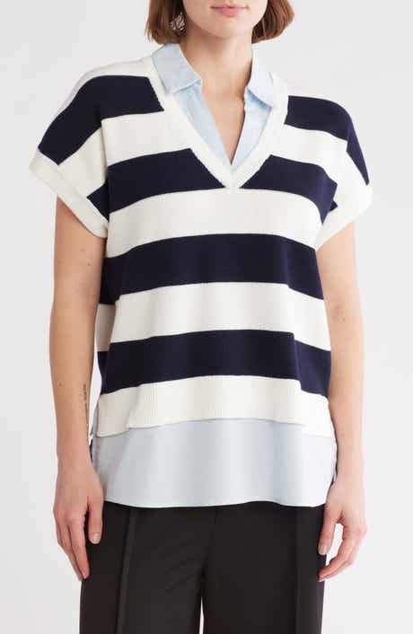 Adrianna Papell Short Sleeve Stripe Mixed Media Sweater