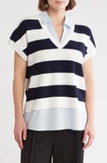 Adrianna Papell Short Sleeve Stripe Mixed Media Sweater