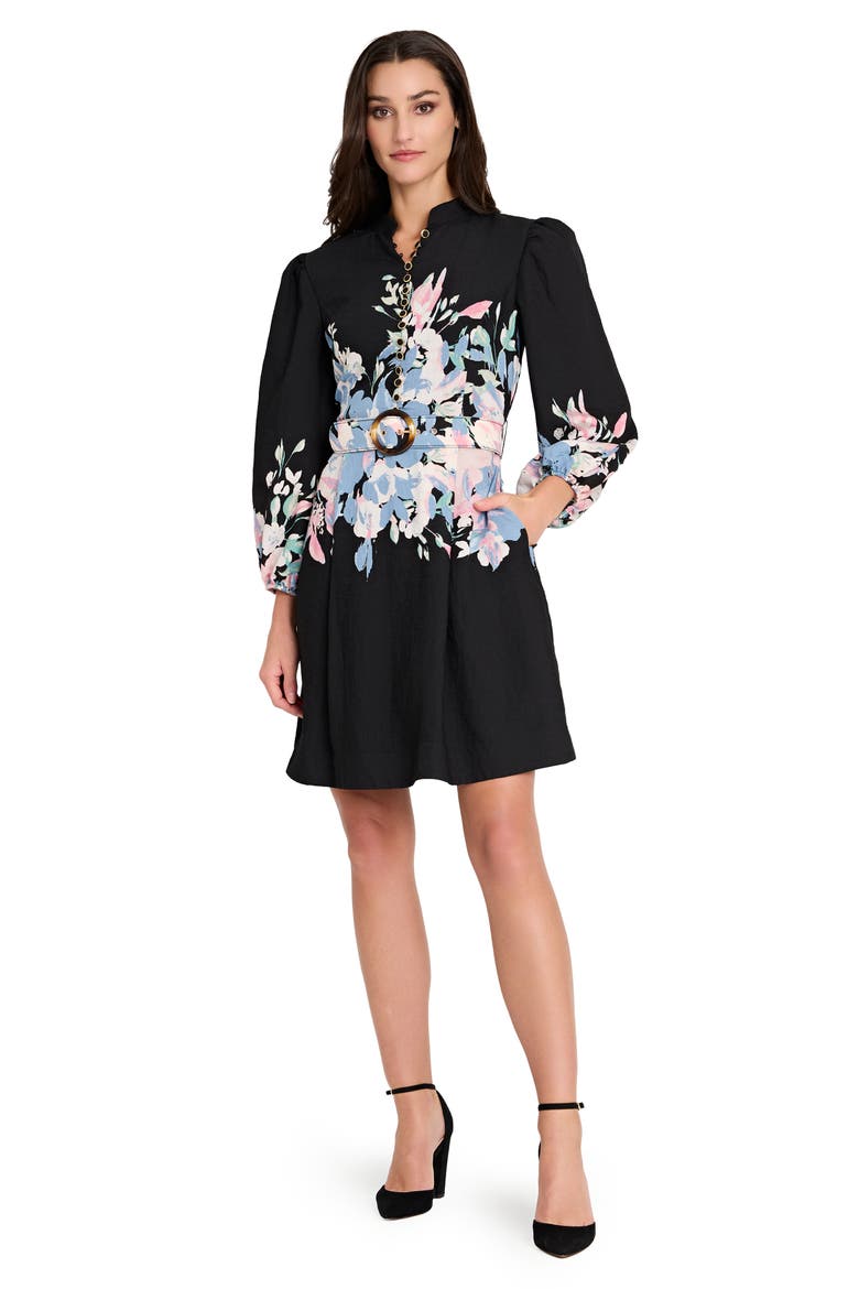 Border Belted Puff Shoulder Dress, Alternate, color, BLACK BLUE PINK
