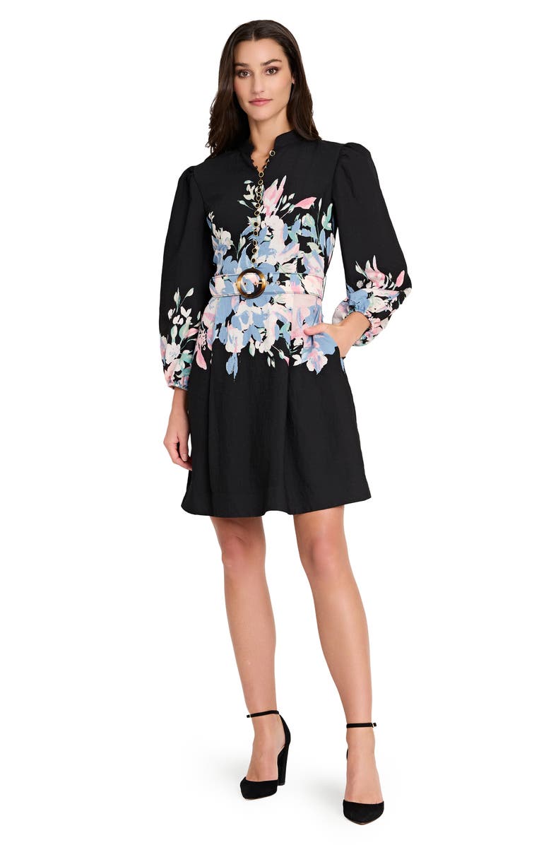Tahari ASL Border Belted Puff Shoulder Dress, Alternate, color, Black Blue Pink