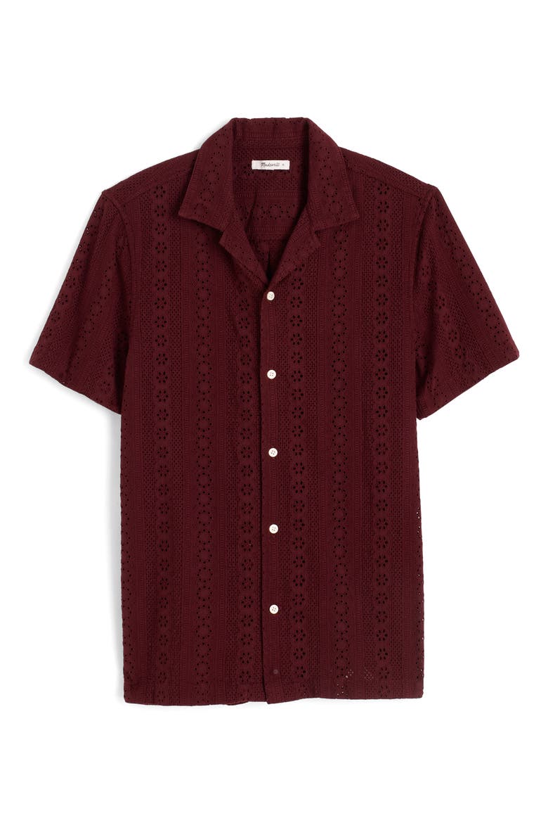 Short Sleeve Button-Up Shirt in Embroidered Cotton, Alternate, color, DUSTY PLUM