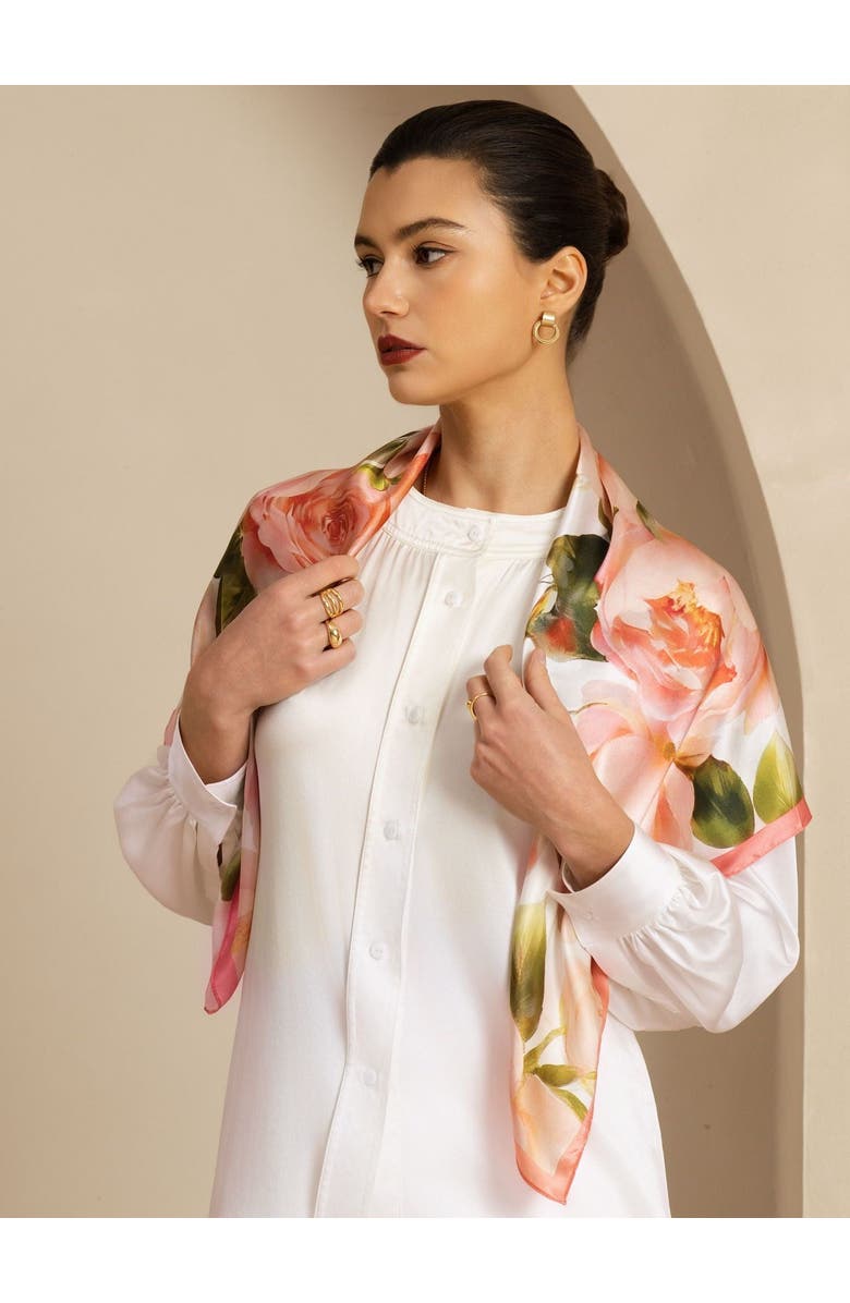 SILKSILKY Pure Silk Pink Floral Print Square Scarf, Alternate, color, Multi