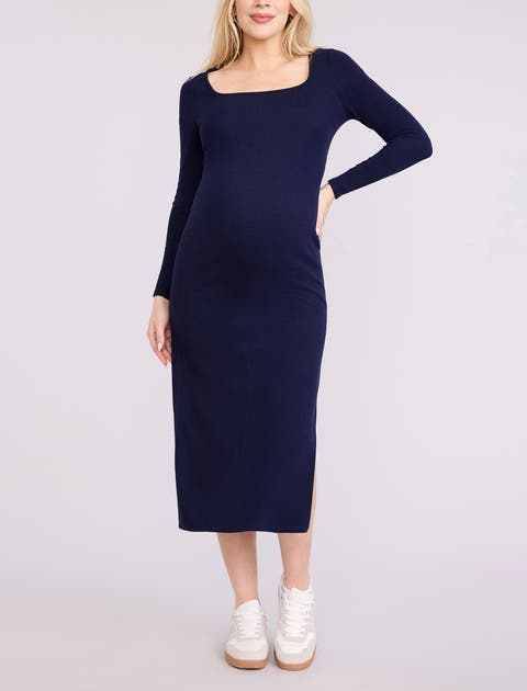 Square Neck Rib Knit Long Sleeve Bodycon Maxi Dress
