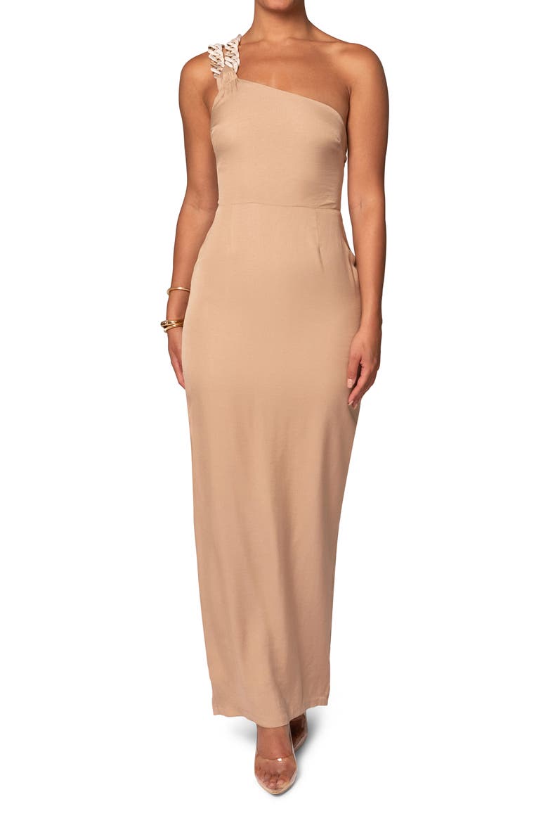 Luxury Living One-Shoulder Chain Strap Lace-Up Dress, Main, color, BEIGE