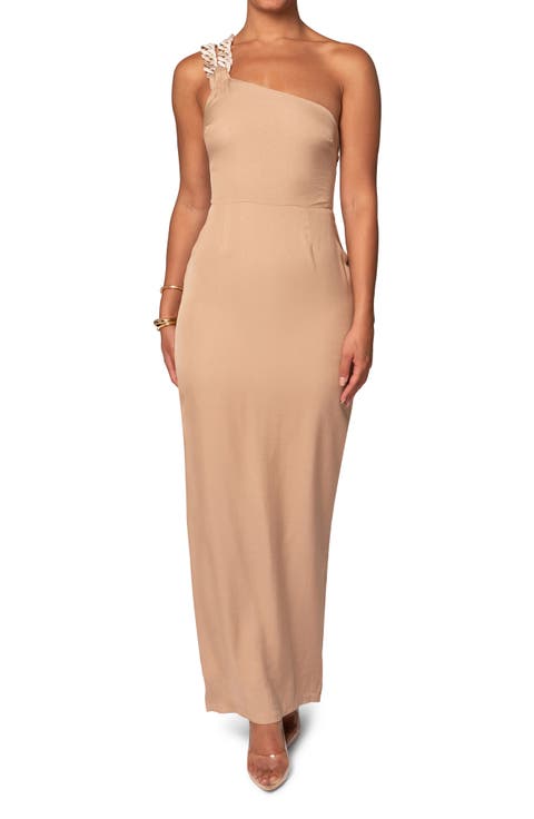 Luxury Living One-Shoulder Chain Strap Lace-Up Dress