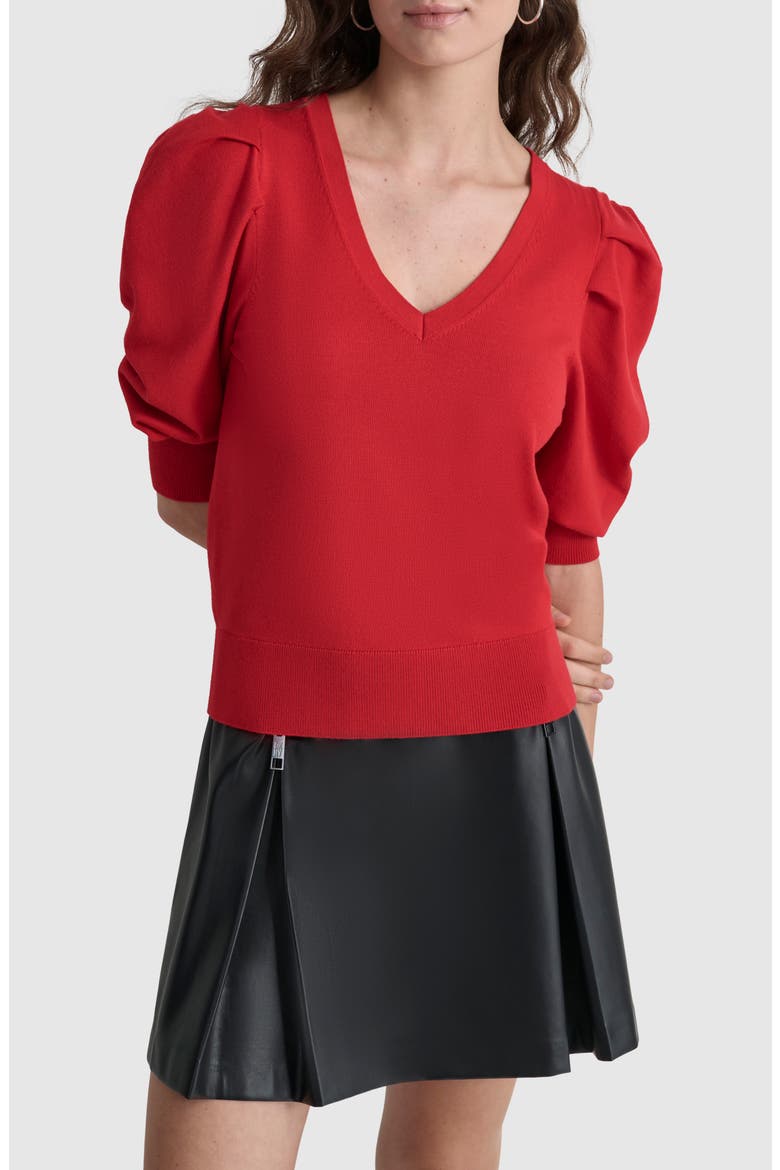 Puff Sleeve V-Neck Sweater, Main, color, RED LIGHT