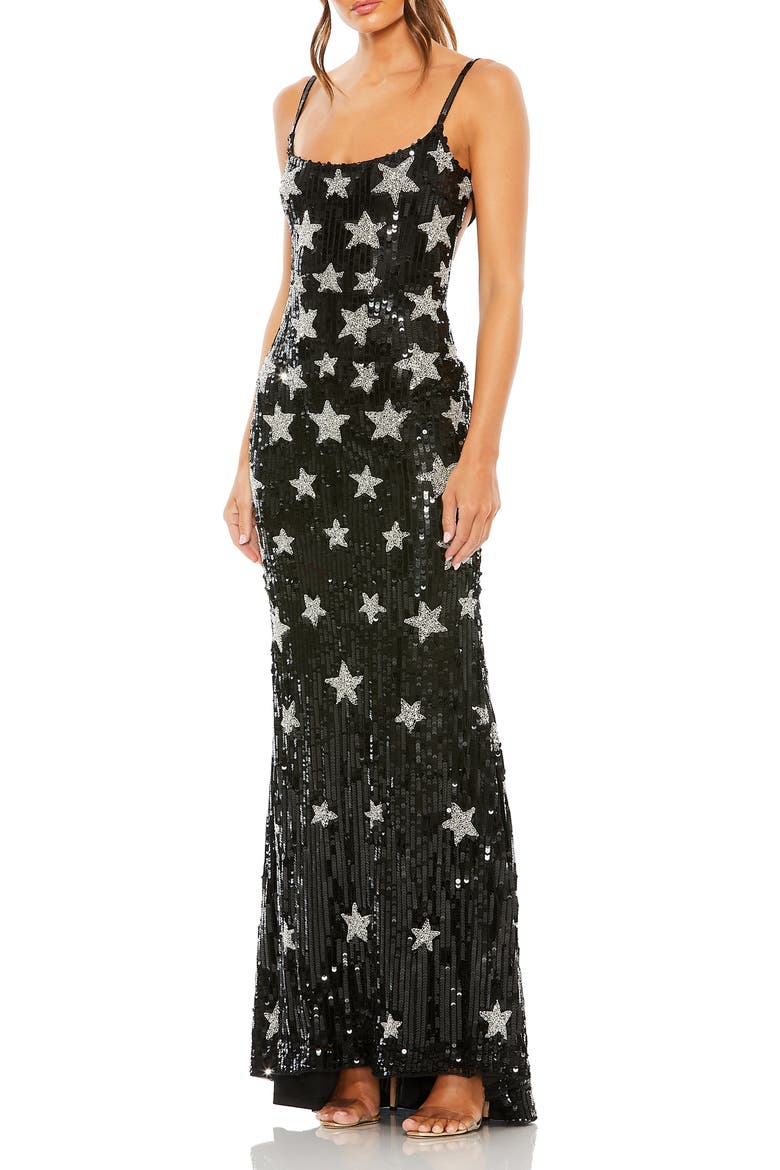 Star Beaded Cross Back Full Length Gown, Main, color, Black