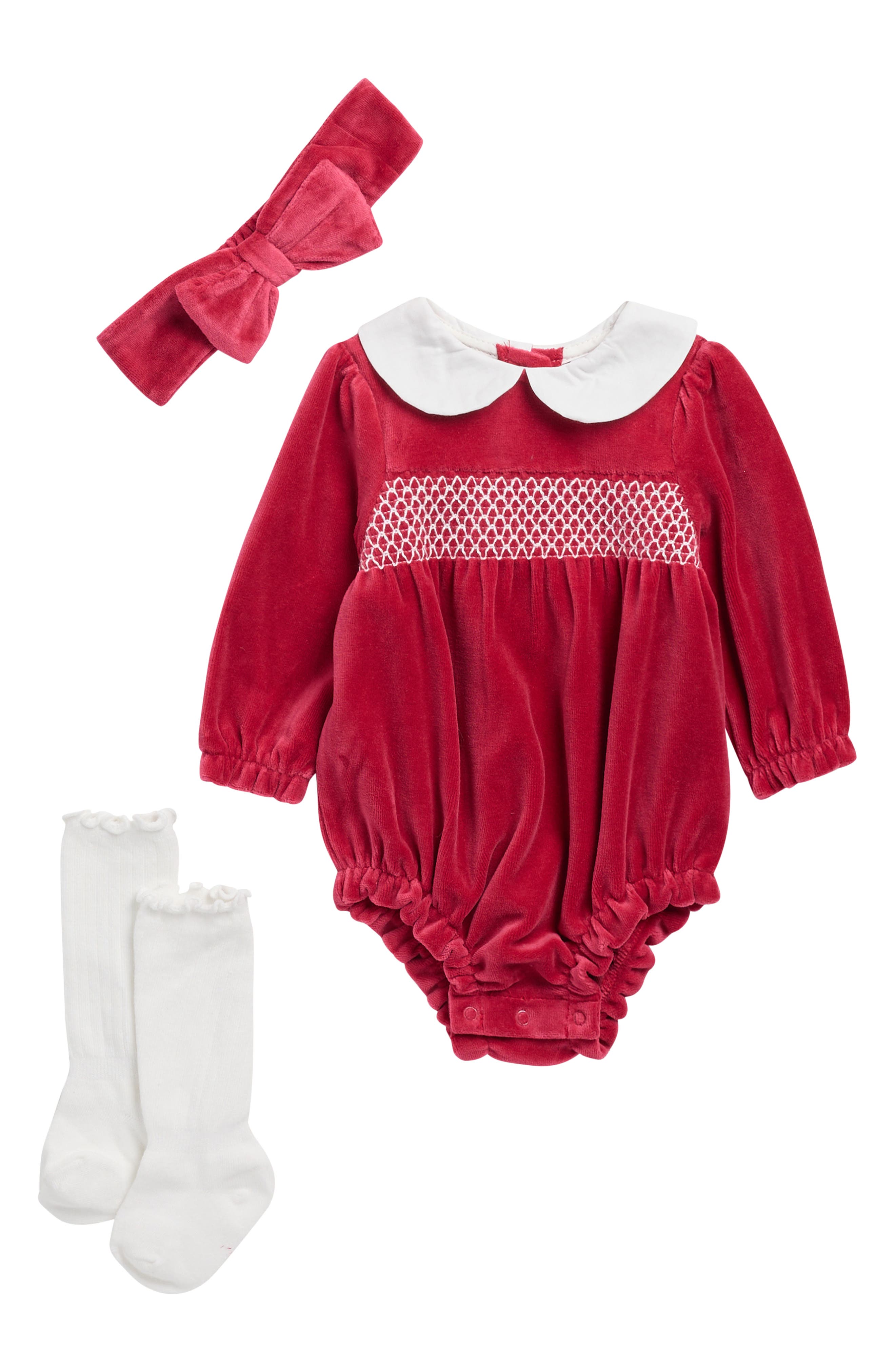 Little Me Smocked Bubble Bodysuit, Socks & Headband Set
