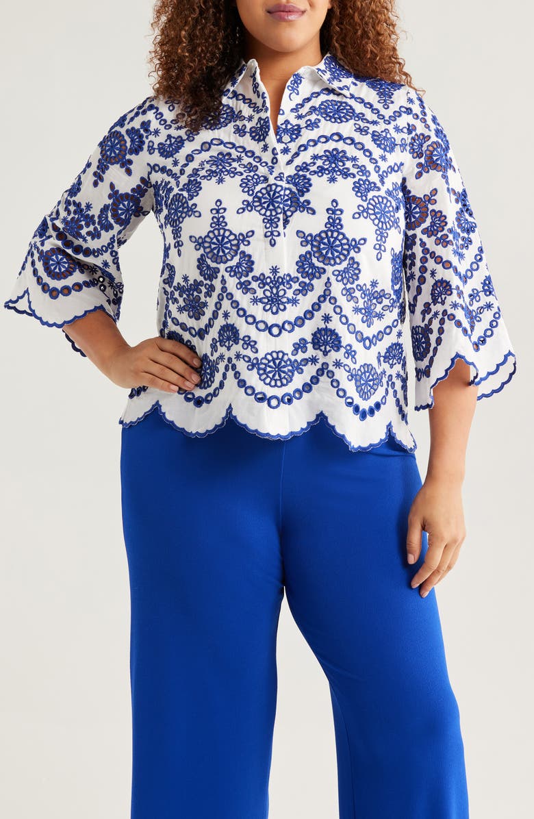 Anne Klein Embroidered Eyelet Cotton Button-Up Shirt, Main, color, 