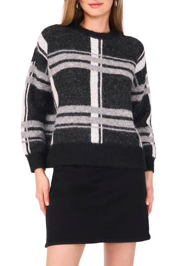 Vince Camuto Plaid Jacquard Sweater In Black