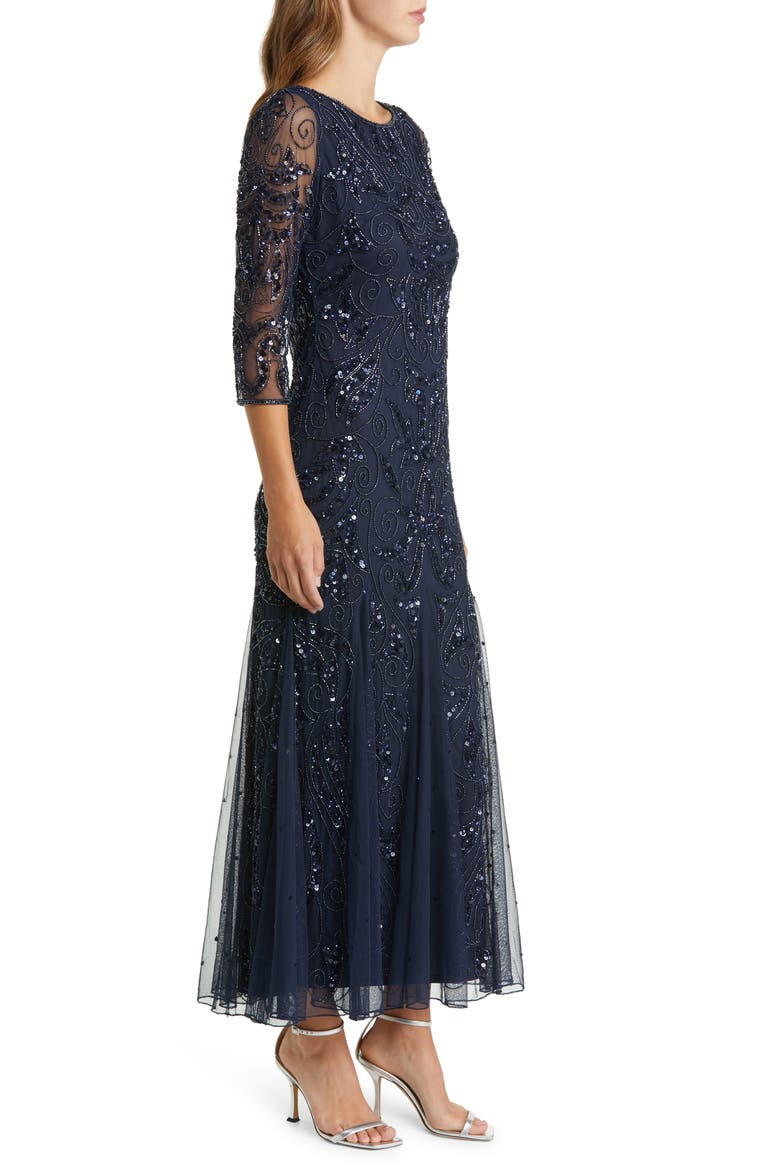 Illusion Sleeve Beaded A-Line Gown, Alternate, color, DARK NAVY 415