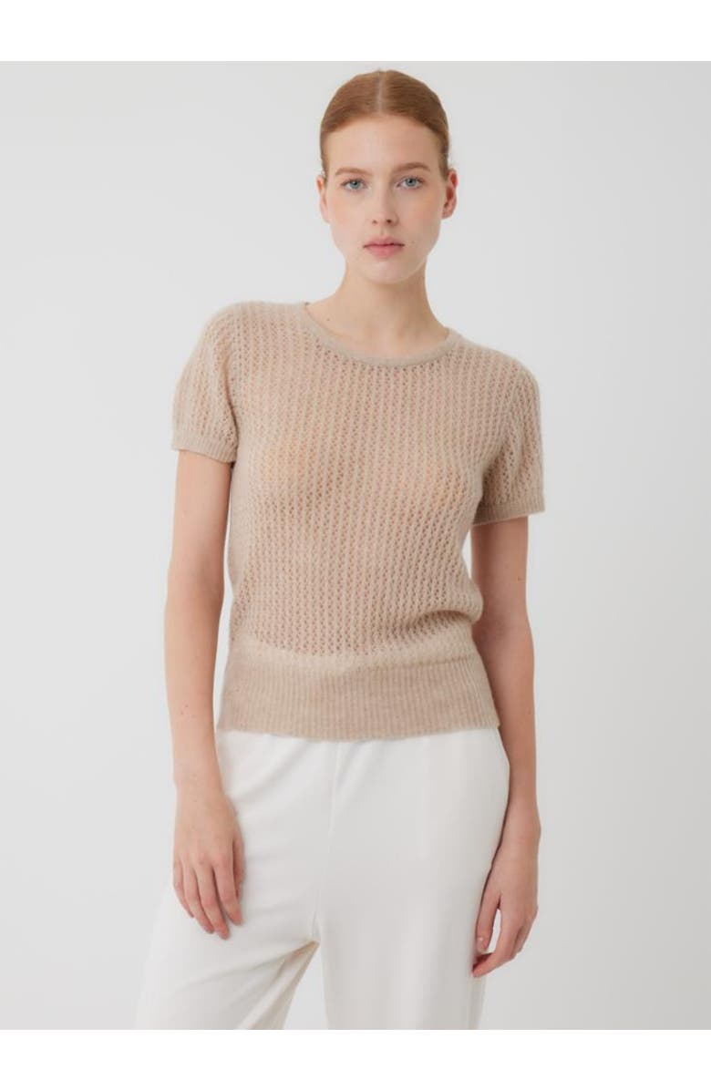 Majestic Filatures Cashmere Silk Mesh Short Sleeve Crewneck, Main, color, Cappuccino