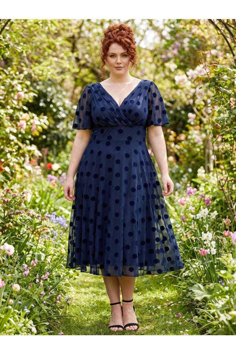 Victoria Velvet Flock Midi Dress, Alternate, color, Dark Navy Flock