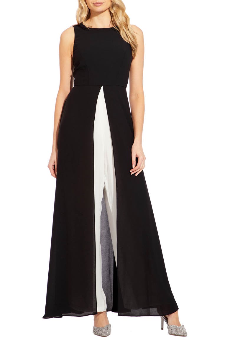 Crepe Overlay Jumpsuit, Main, color, BLACK/IVORY