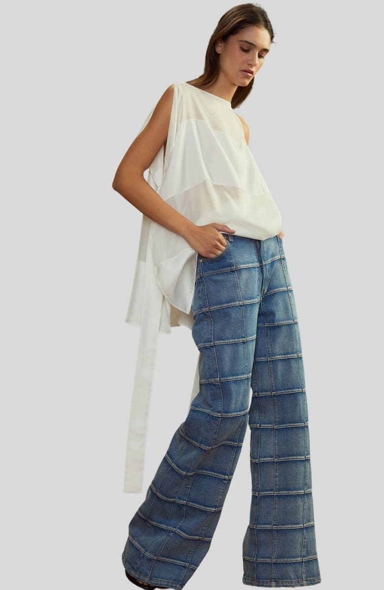 Cynthia Rowley Windowpane Wide-Leg Jeans, Main, color, Light Wash
