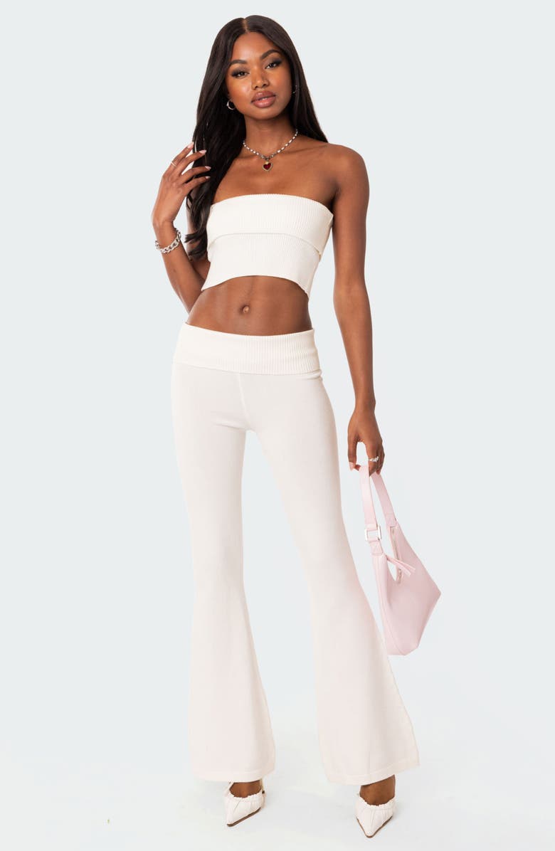 EDIKTED Desiree Foldover Waist Knit Flare Pants, Alternate, color, White