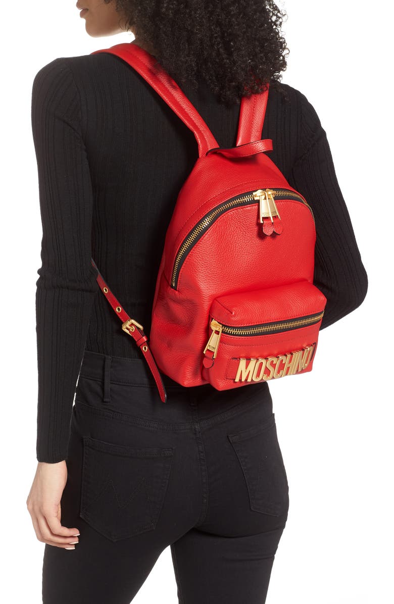 Moschino Logo Leather Backpack, Alternate, color,
