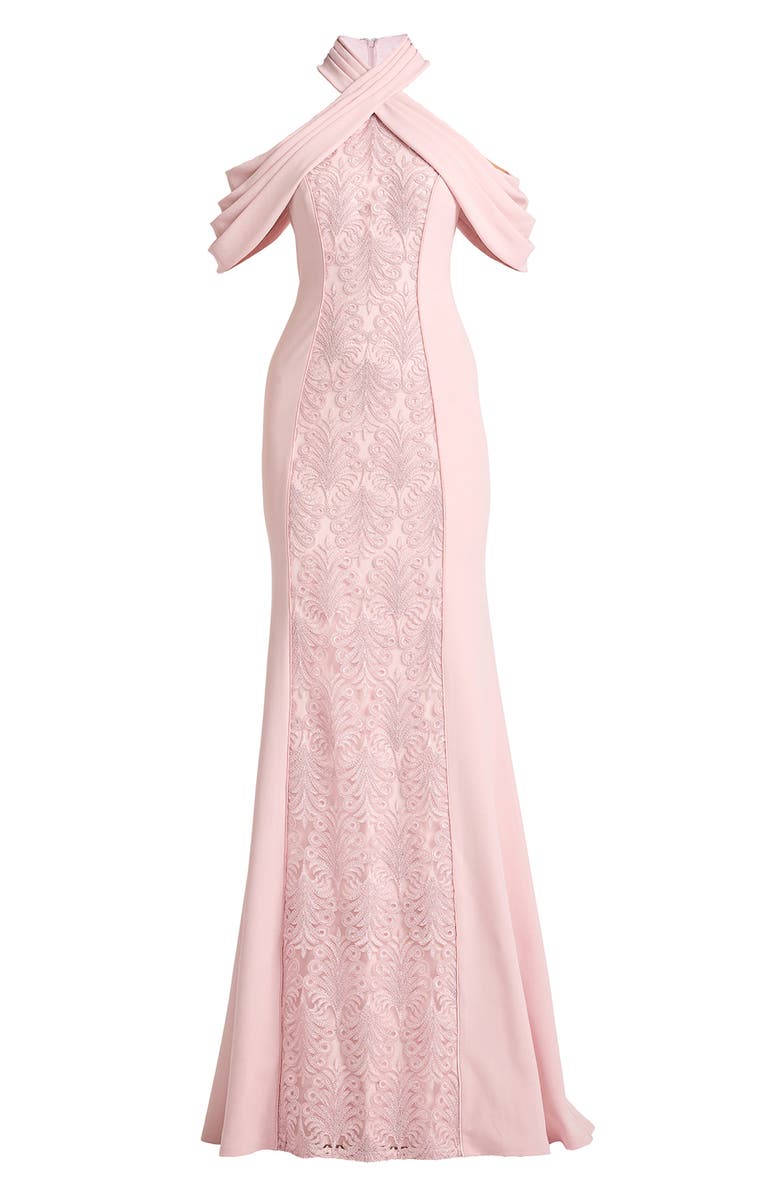 Tadashi Shoji Lace Inset Cold-Shoulder Gown, Alternate, color, Rose Quartz