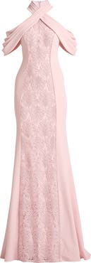 Tadashi Shoji Lace Inset Cold-Shoulder Gown