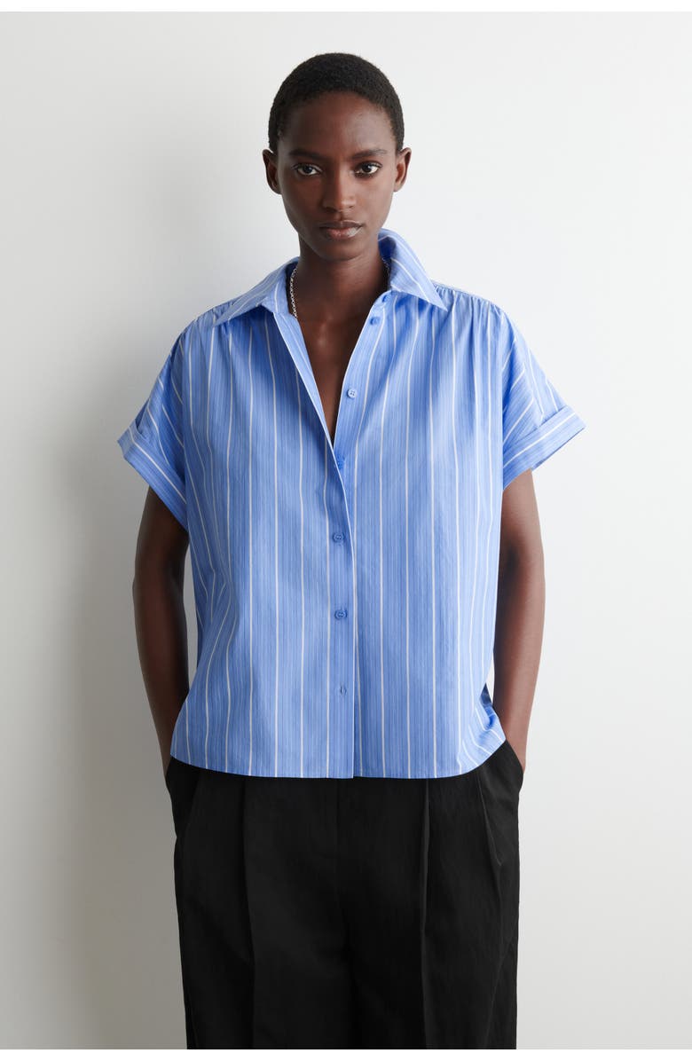 COS Striped Short-sleeved Cotton Shirt, Main, color, Blue / Striped