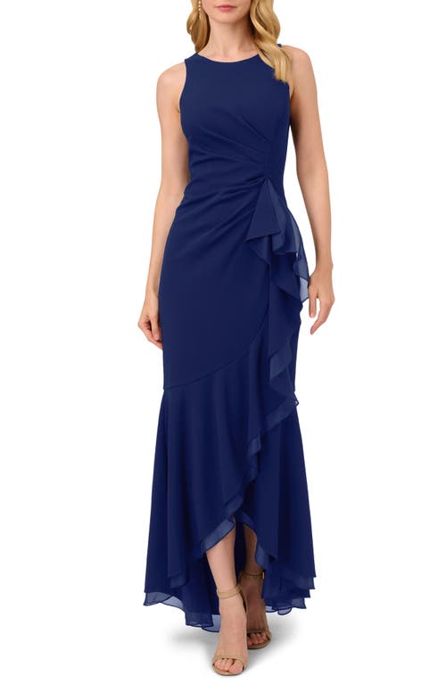 Adrianna Papell Ruffle Crepe Mermaid Gown in Navy Sateen 