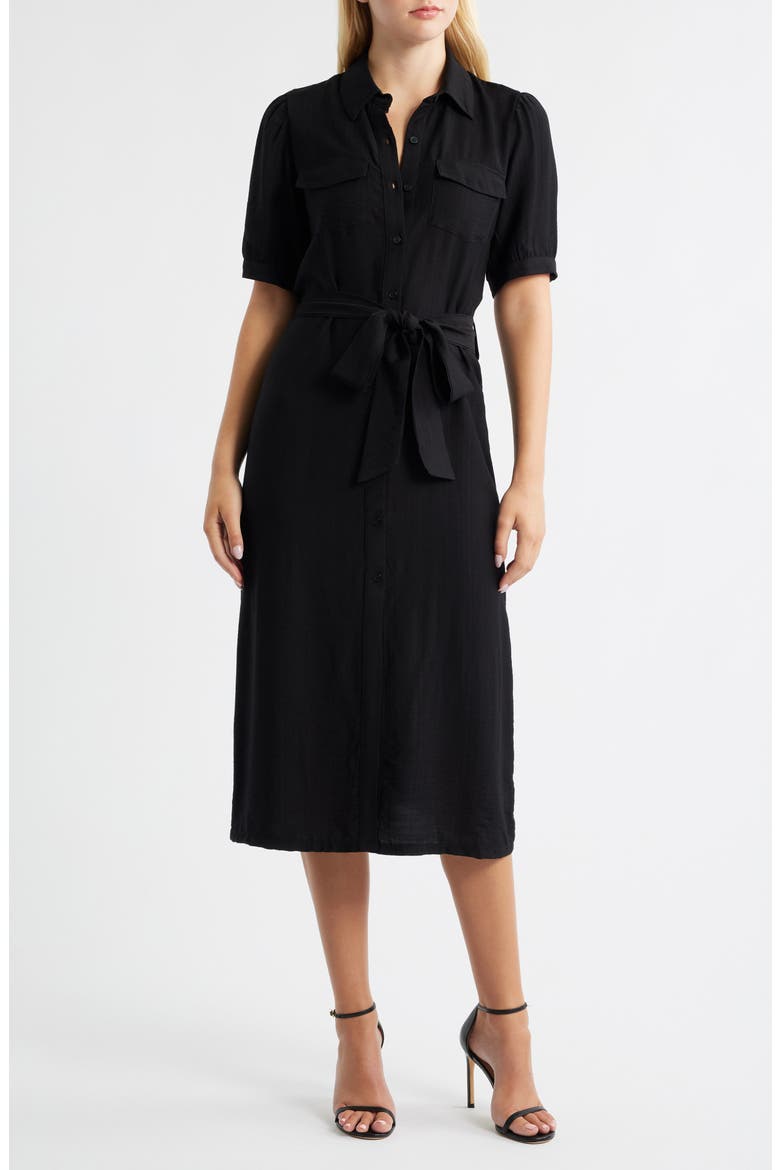 Tie Waist Midi Shirtdress, Main, color, RICH BLACK