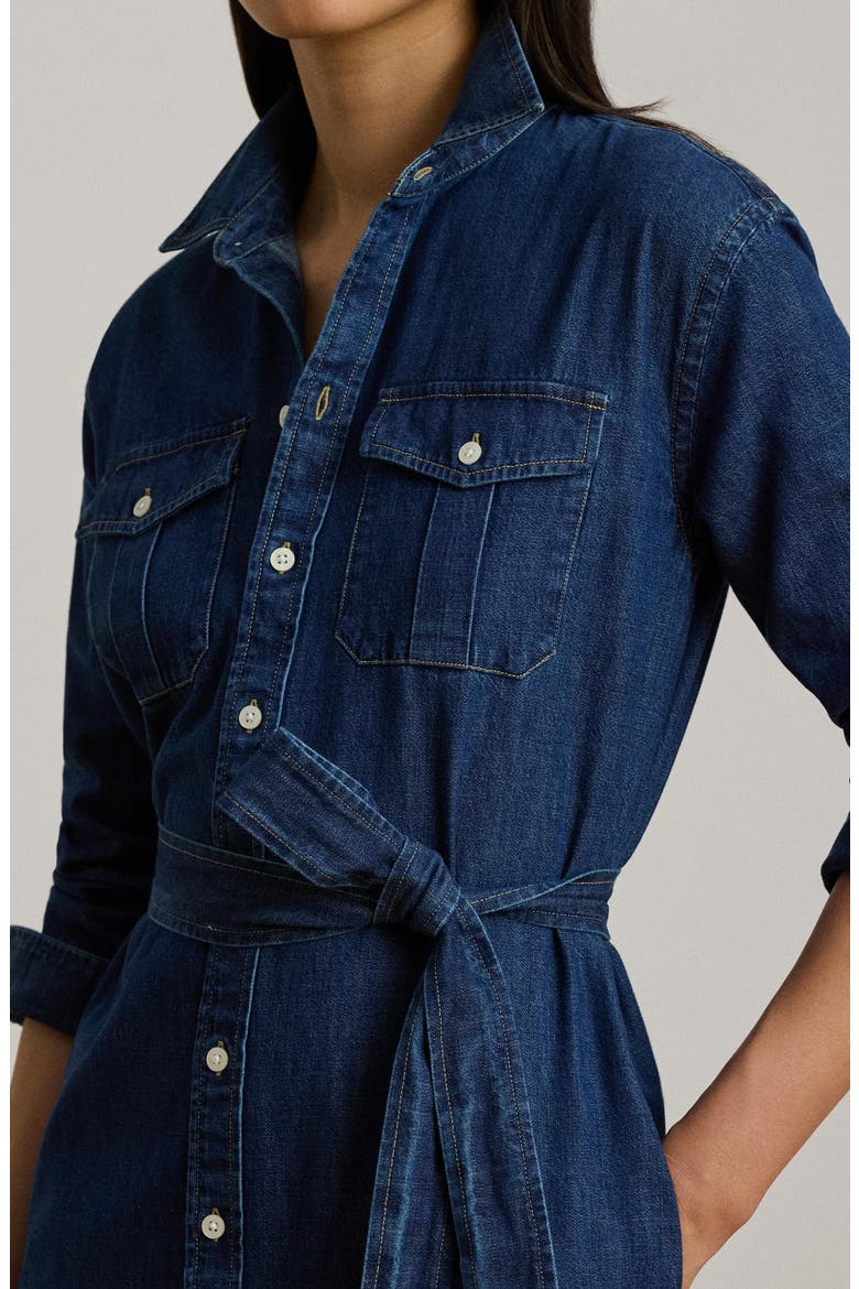 Long Sleeve Belted Cotton Denim Midi Shirtdress, Alternate, color, HARVEST WASH BLUE