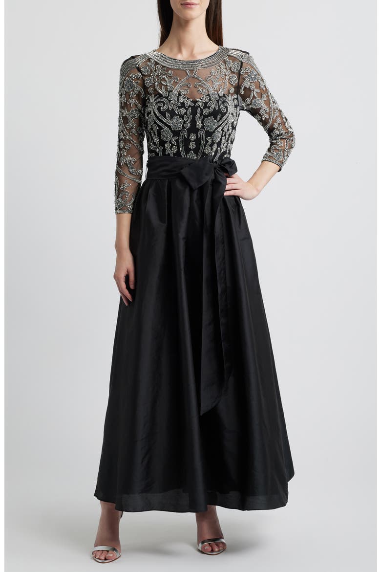 Embellished Illusion Neck Gown, Main, color, BLACK/ SILVER 013