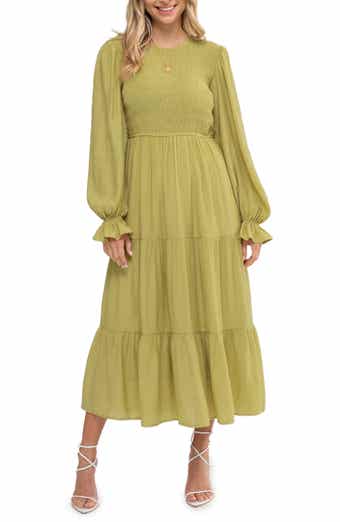 AUGUST SKY Smocked Long Sleeve Tiered Dress