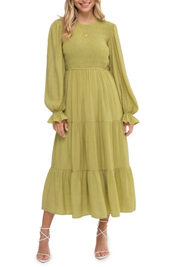 August Sky Smocked Long Sleeve Tiered Dress In Green