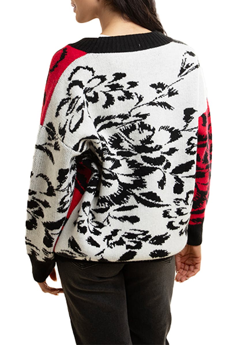 SAACHI Floral Plaid Colorblock Cardigan, Alternate, color, Black