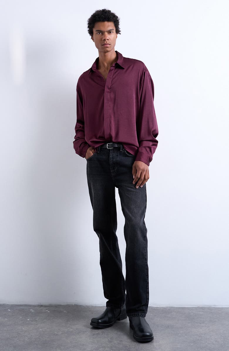 Topman Oversize Sateen Button-Up Shirt, Alternate, color, Burgundy