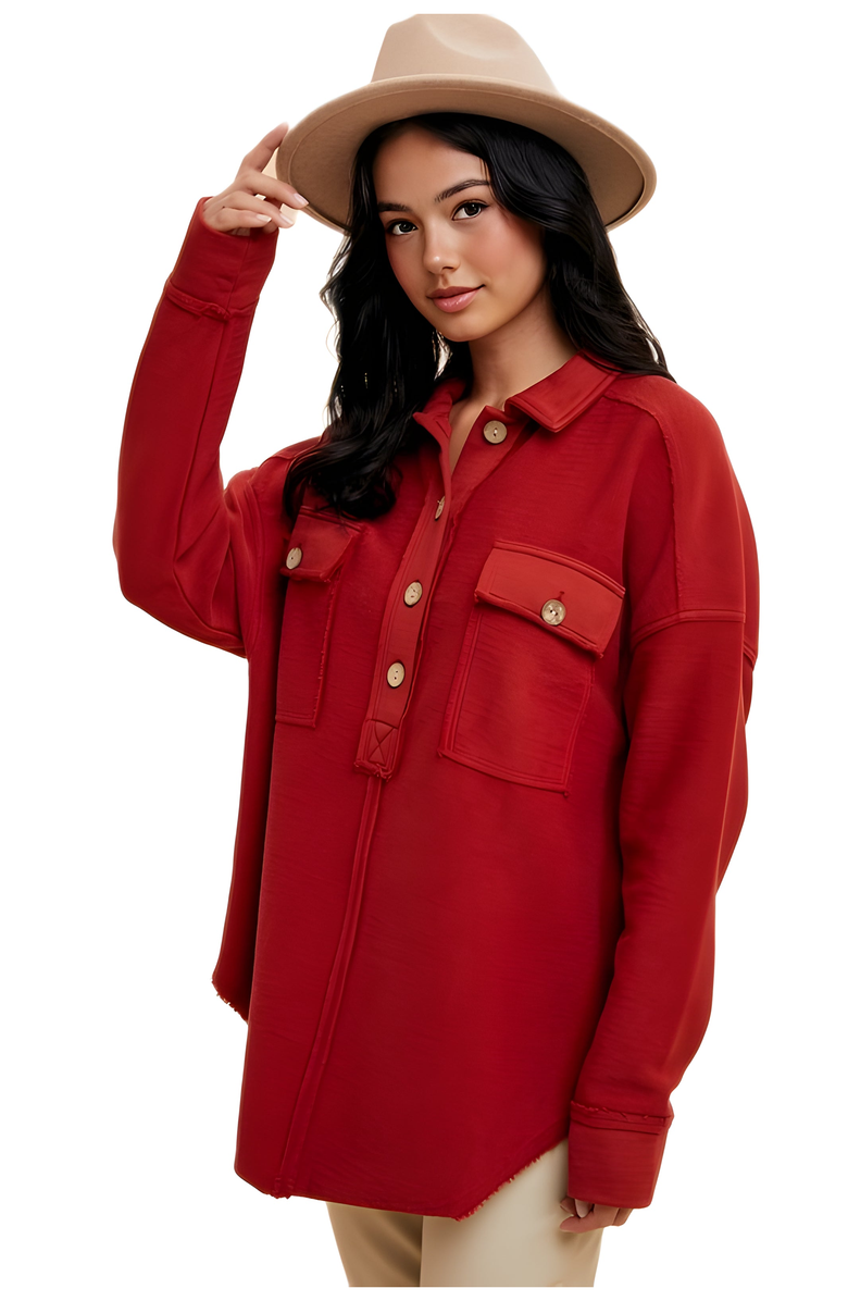 Knit and Lounge Relaxed Button-Up Utility Tunic with Patch Flap Pockets, Main, color,