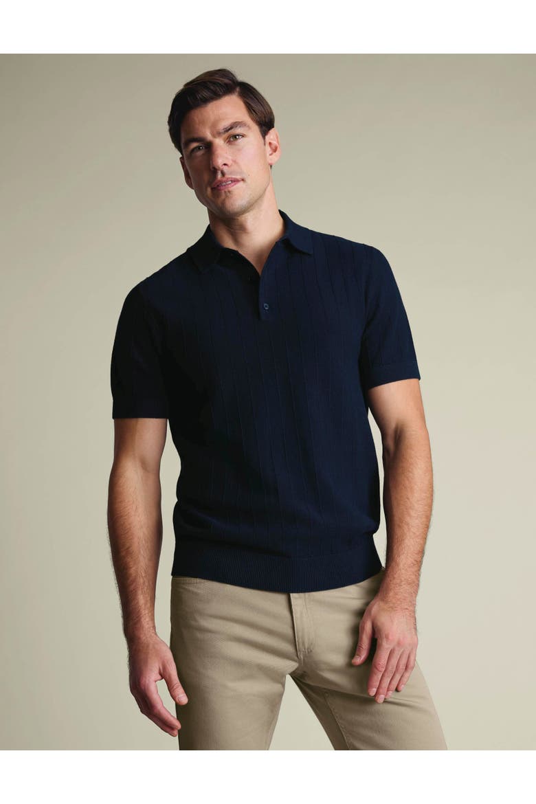 Stripe Texture Short Sleeve Knitted Cotton Polo, Main, color, Navy