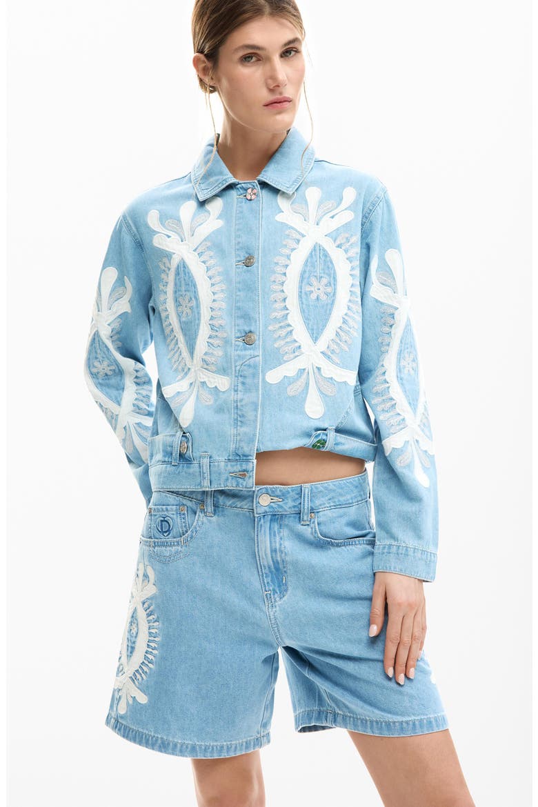 Appliqué High Waist Denim Shorts, Alternate, color, MEDIUM BLUE