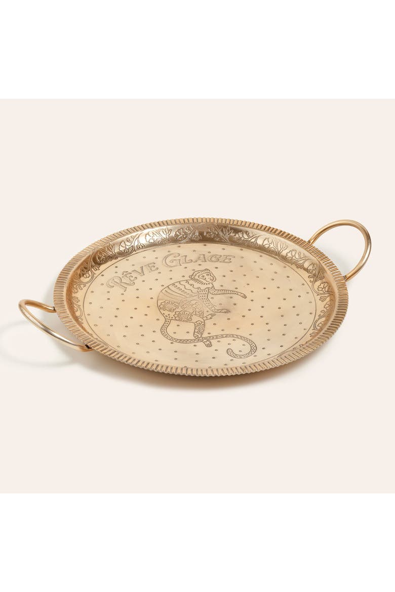 Nanpur Patterned Handle Round Metal Decorative Tray 17X14X3 In, Alternate, color, Gold