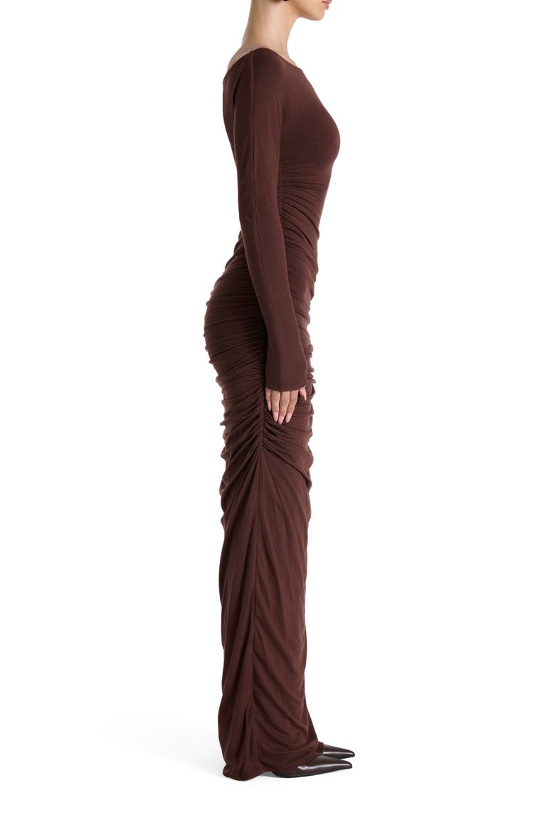 Off the Shoulder Long Sleeve Body-Con Maxi Dress, Alternate, color, CHOCOLATE