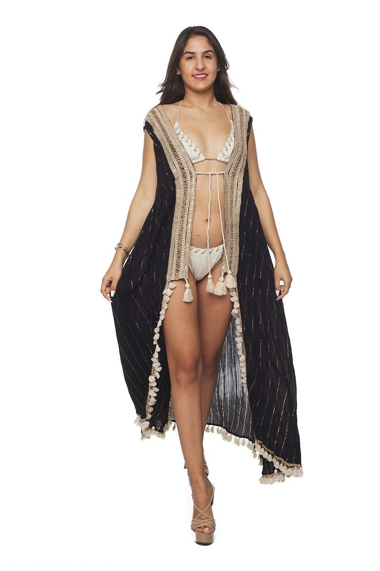 Tassel Trim Sleeveless Cover-Up Duster, Alternate, color, BLACK