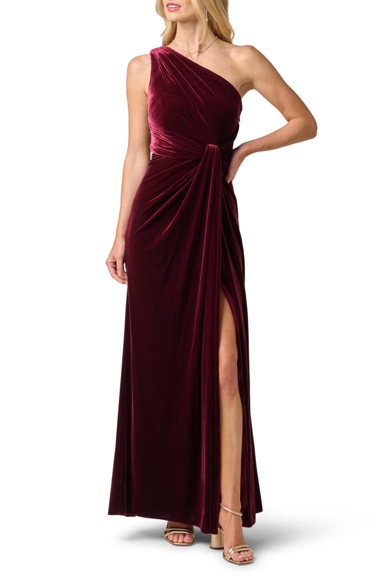 One Shoulder Stretch Velvet Twist Knot Draped Gown, Main, color, BORDEAUX