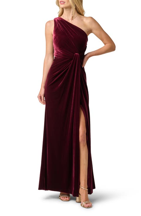 One Shoulder Stretch Velvet Twist Knot Draped Gown