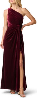 Adrianna Papell One Shoulder Stretch Velvet Twist Knot Draped Gown