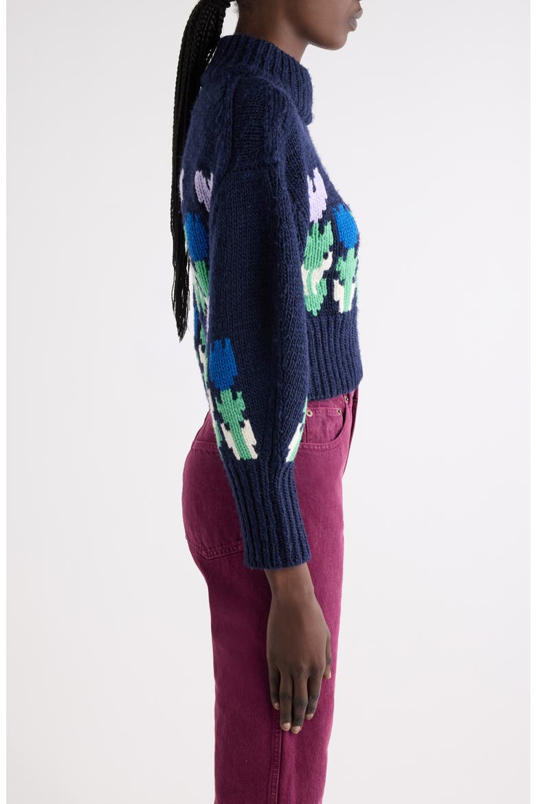 Graphic Floral Crop Wool Sweater, Alternate, color, DARK NAVY