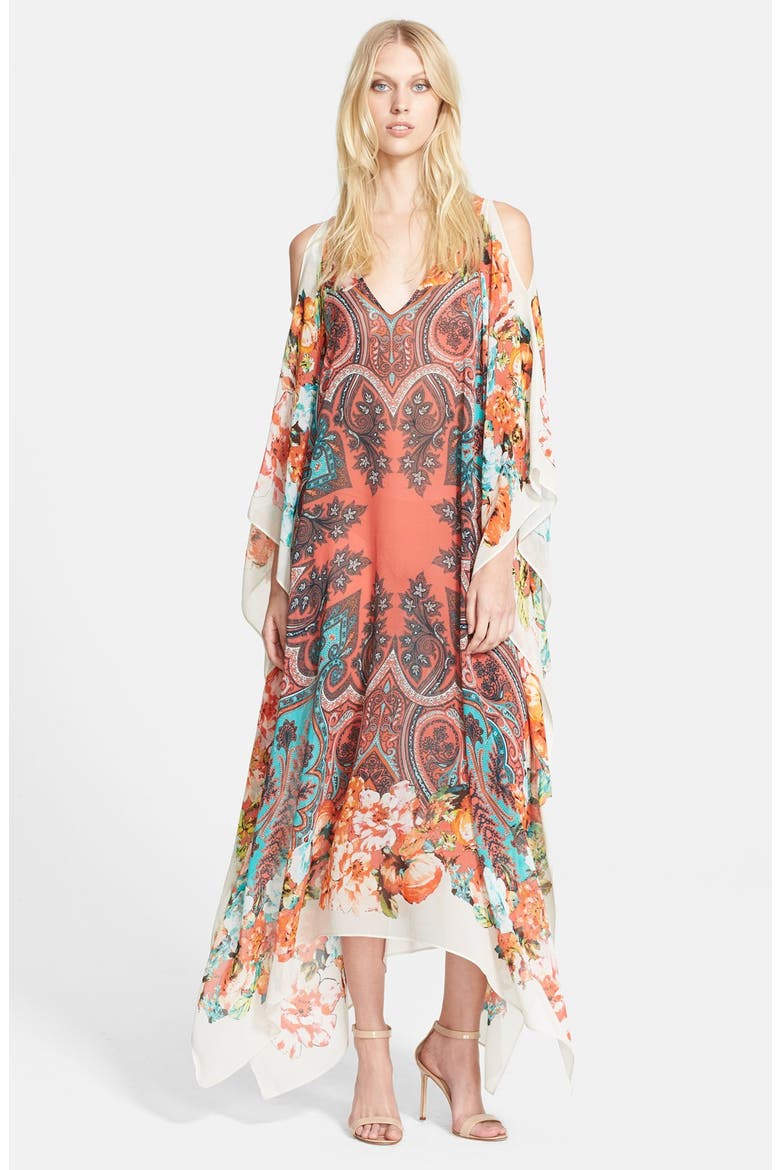 Print Cold Shoulder Silk Caftan Dress, Main, color, PINK/ BLUE MULTI