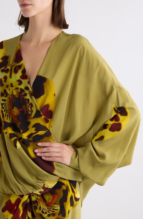 Dries Van Noten Camiel Leopard Orchid Print Faux Wrap Top In Ocra