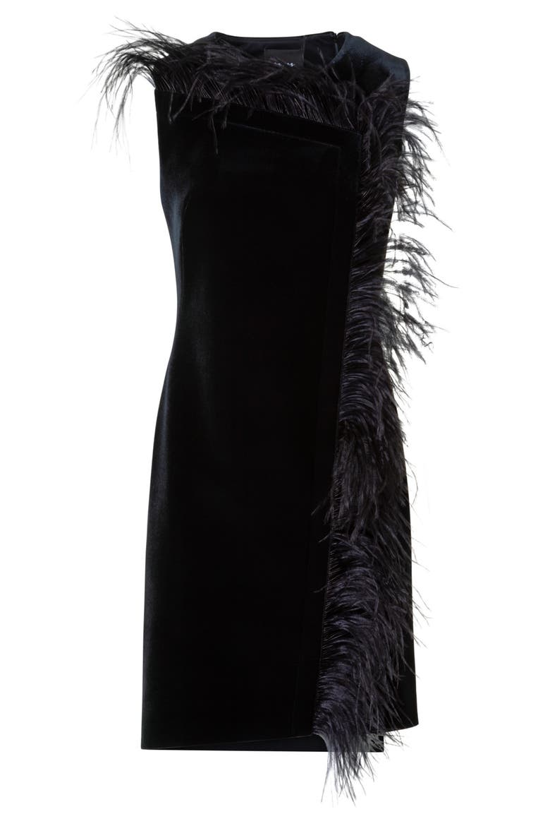 Feather Trim Velvet Neoprene Dress, Alternate, color, BLACK