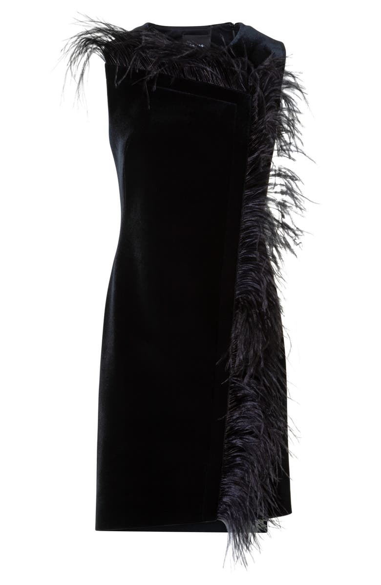 Akris Feather Trim Velvet Neoprene Dress, Alternate, color, Black