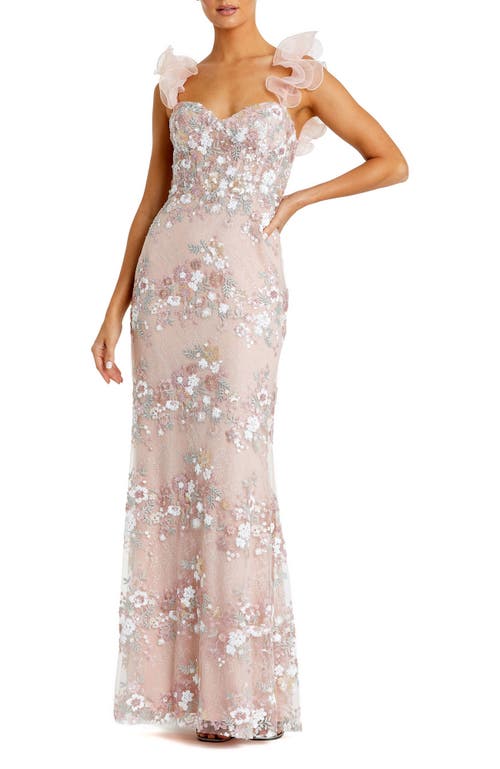 Mac Duggal Embroidered Applique Shoulder Detail Trumpet Gown In Pastel Multi